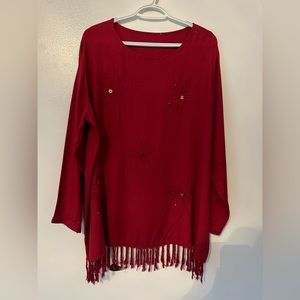 Red Floral Blouse with Tassels | Size 1X